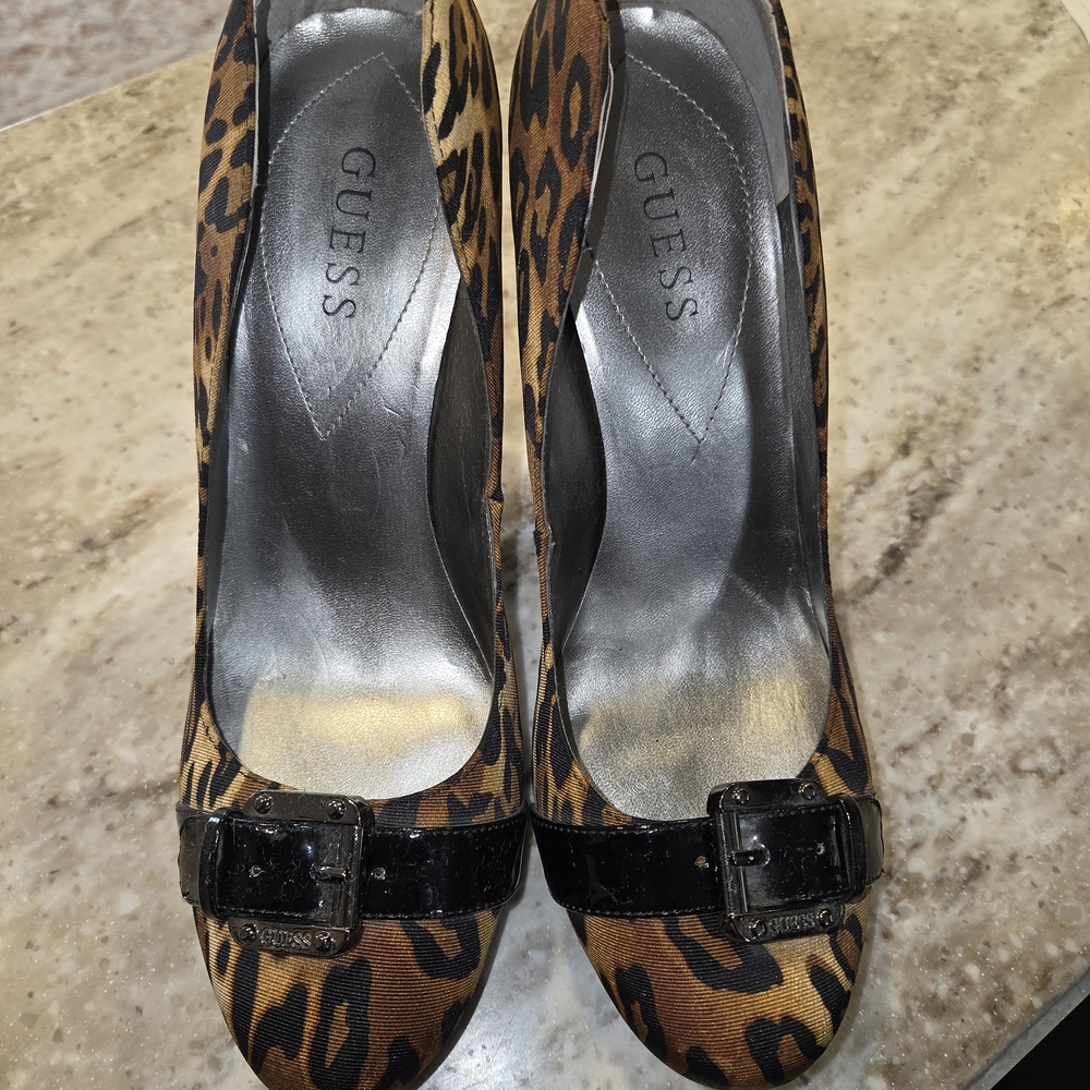 GUESS Animal Print Heels with Black Buckle